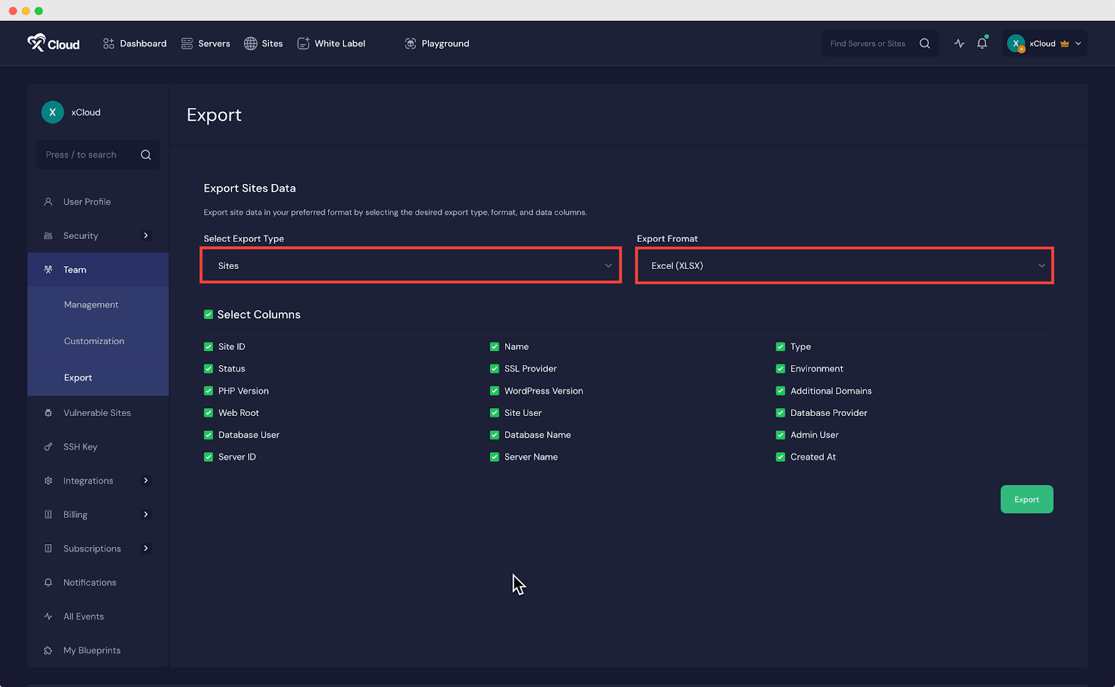 Export Servers and Sites Data