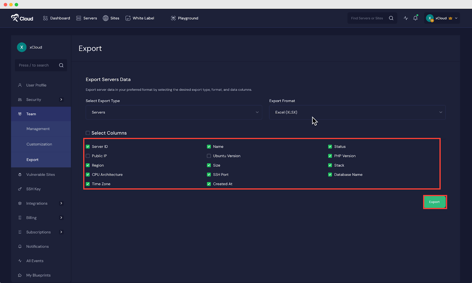 Export Servers and Sites Data