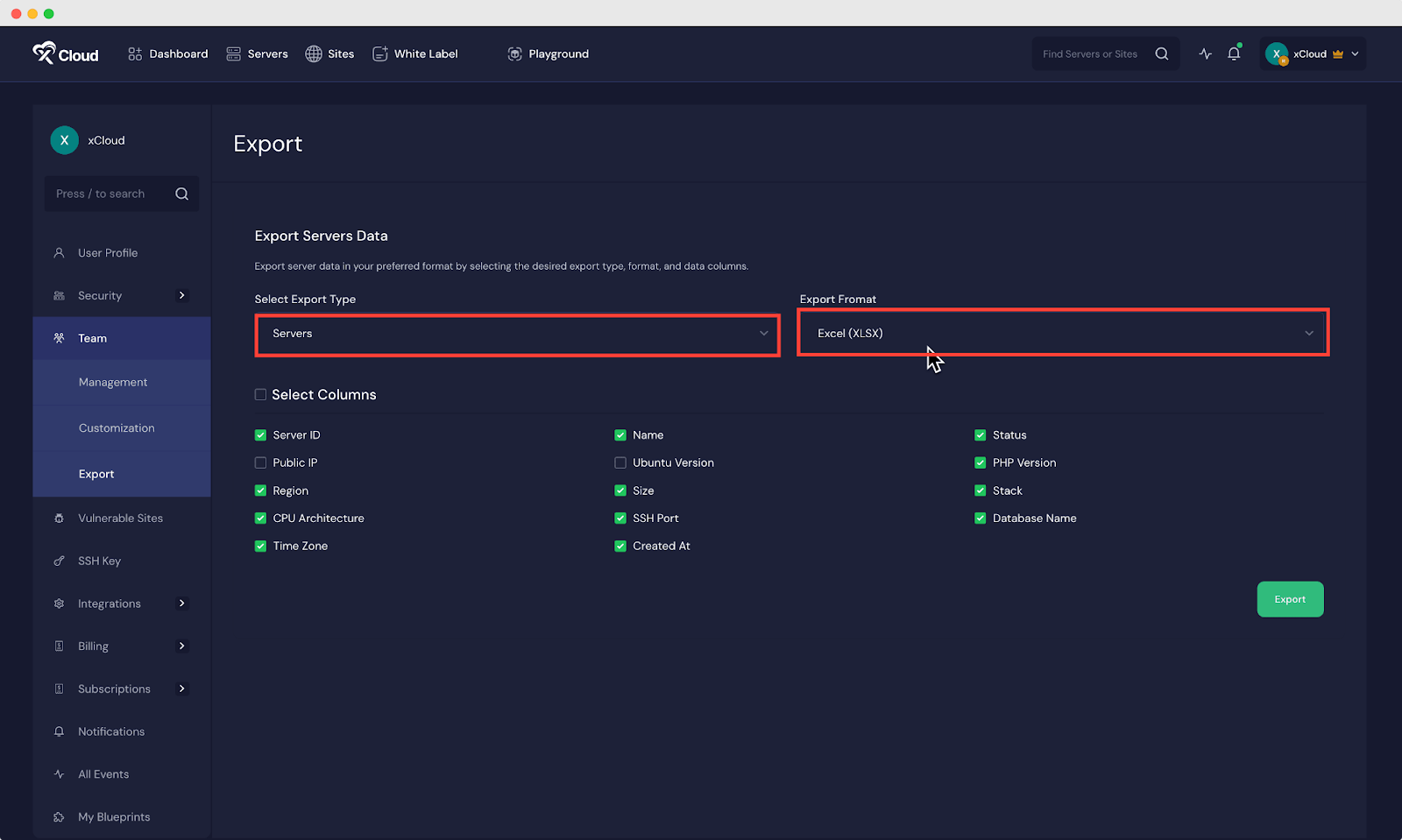 Export Servers and Sites Data