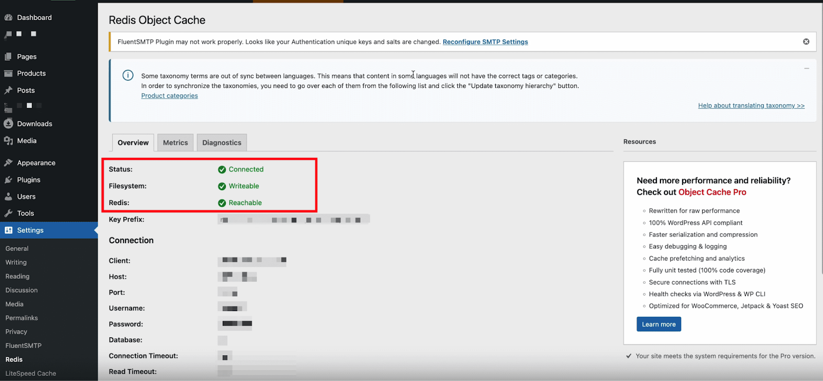 Enable Redis Object Cache Plugin